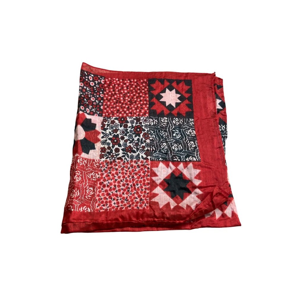 Vintage Patchwork Quilt Print Square Scarf Red Cottagecore Boho Country Western - Picture 5 of 7